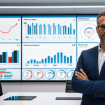 A confident professional (30s-40s), embodying resilience and a fresh perspective, standing in a modern, sleek procurement office. Digital interfaces with supply chain analytics, AI dashboards, and risk management graphs are subtly displayed in the background, signifying the dynamic, tech-driven evolution of the purchasing field. The overall atmosphere conveys innovation and a successful return to a challenging career. Subtle design cues might hint at a modern European or Polish office environment.