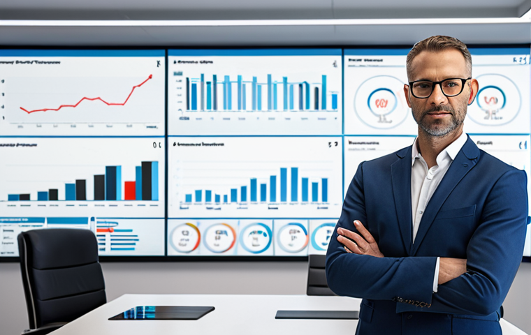 A confident professional (30s-40s), embodying resilience and a fresh perspective, standing in a modern, sleek procurement office. Digital interfaces with supply chain analytics, AI dashboards, and risk management graphs are subtly displayed in the background, signifying the dynamic, tech-driven evolution of the purchasing field. The overall atmosphere conveys innovation and a successful return to a challenging career. Subtle design cues might hint at a modern European or Polish office environment.